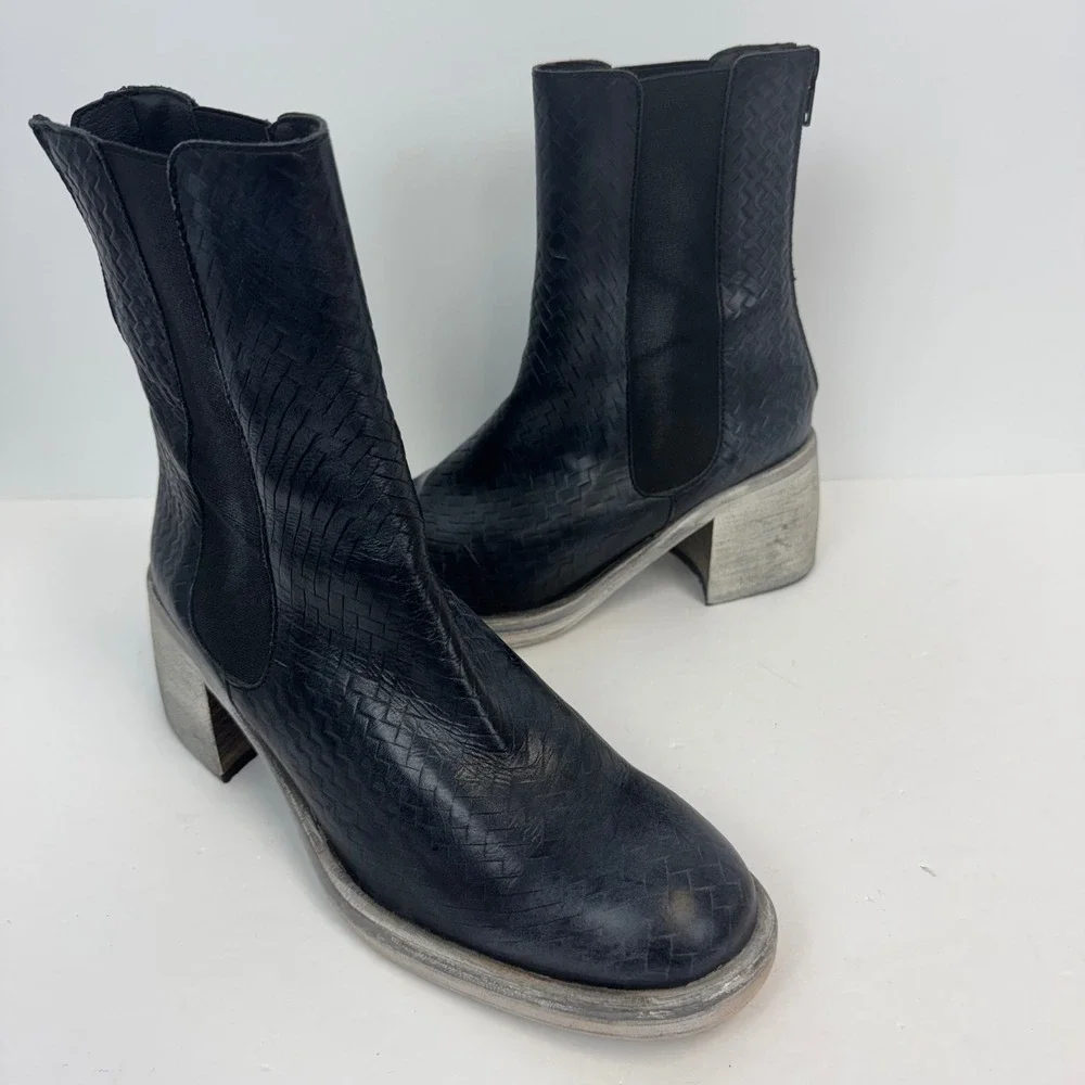 Free‎ People Brayden Woven Black Leather Ankle Boots Distressed Block Heel 6.5